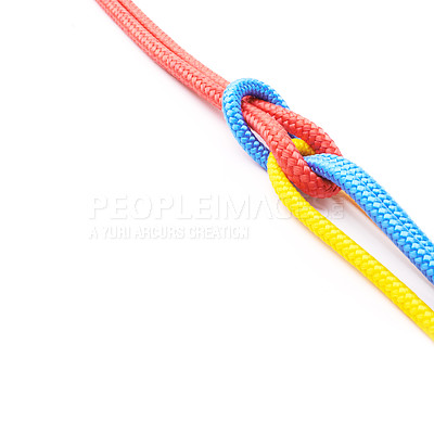 Buy stock photo Colorful, ropes and knot for pride together in studio in mockup space for unity, connect and trust. Secure, string and reef for security to stop movement of objects on isolated white background