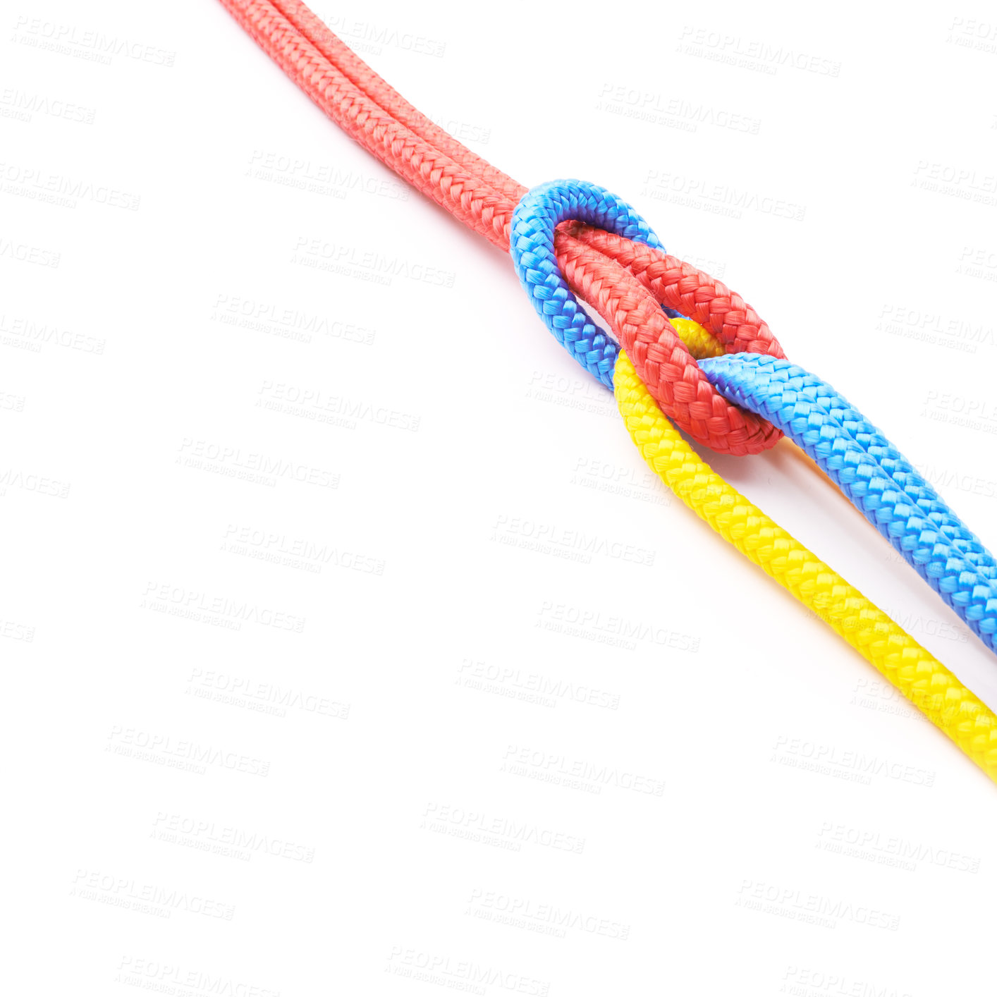 Buy stock photo Colorful, ropes and knot for pride together in studio in mockup space for unity, connect and trust. Secure, string and reef for security to stop movement of objects on isolated white background