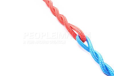 Buy stock photo Rope, knot and tied with color in studio with nylon for equipment for safety with white background. Unity, connection and commitment with mockup for effort with technique for string with loop