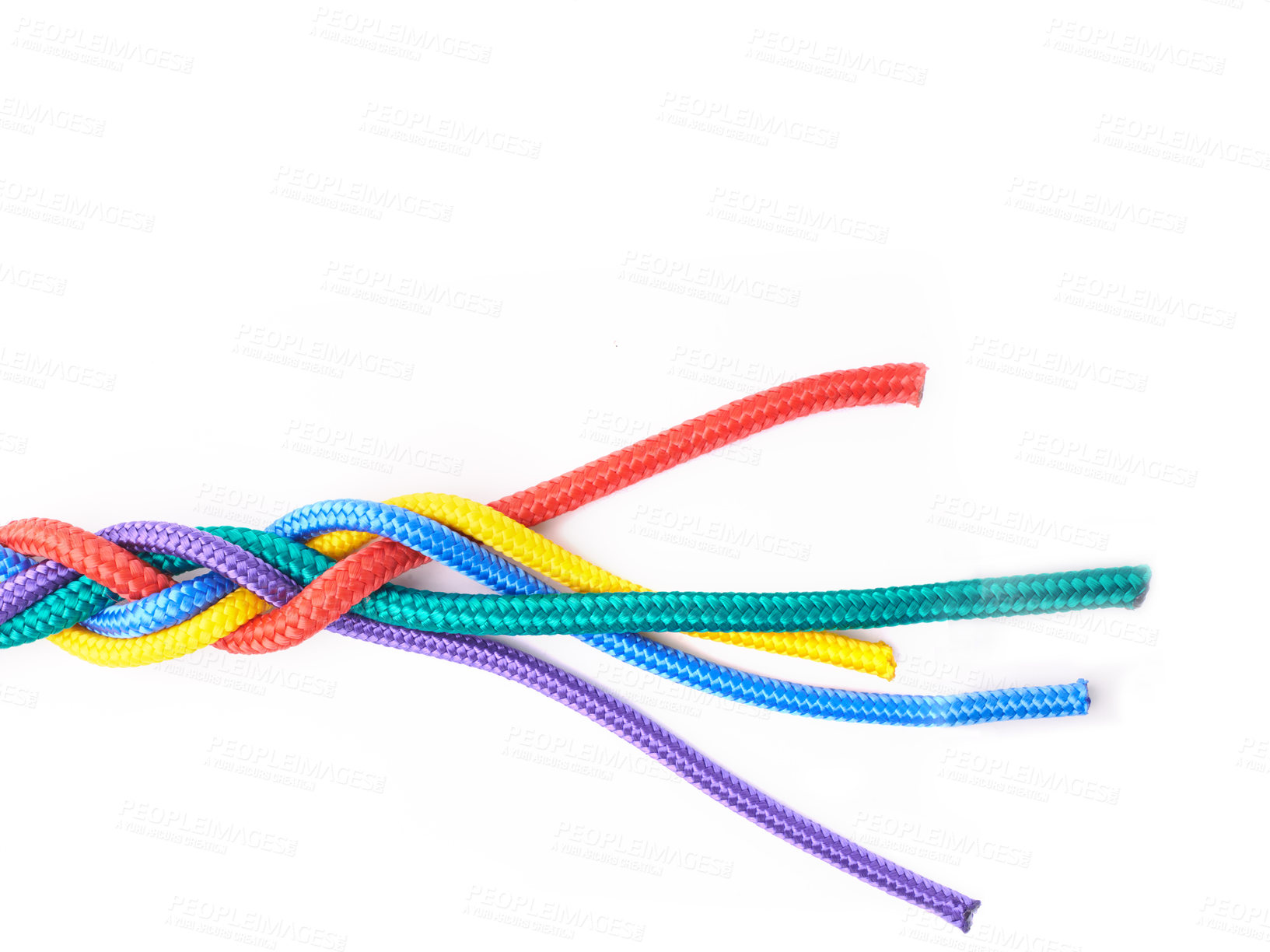 Buy stock photo Ties, rope and connection of color in knot or flat lay braid on white background in studio for collaboration. Rainbow, cord and above abstract unity of society with link in cooperation of community