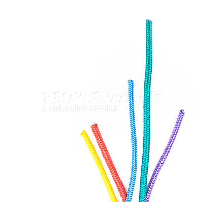 Buy stock photo Color, rope and textile string on background, mock up or space with nylon cable with creativity. String, ties and cord to thread in pattern or start connection in craft, project or material for art