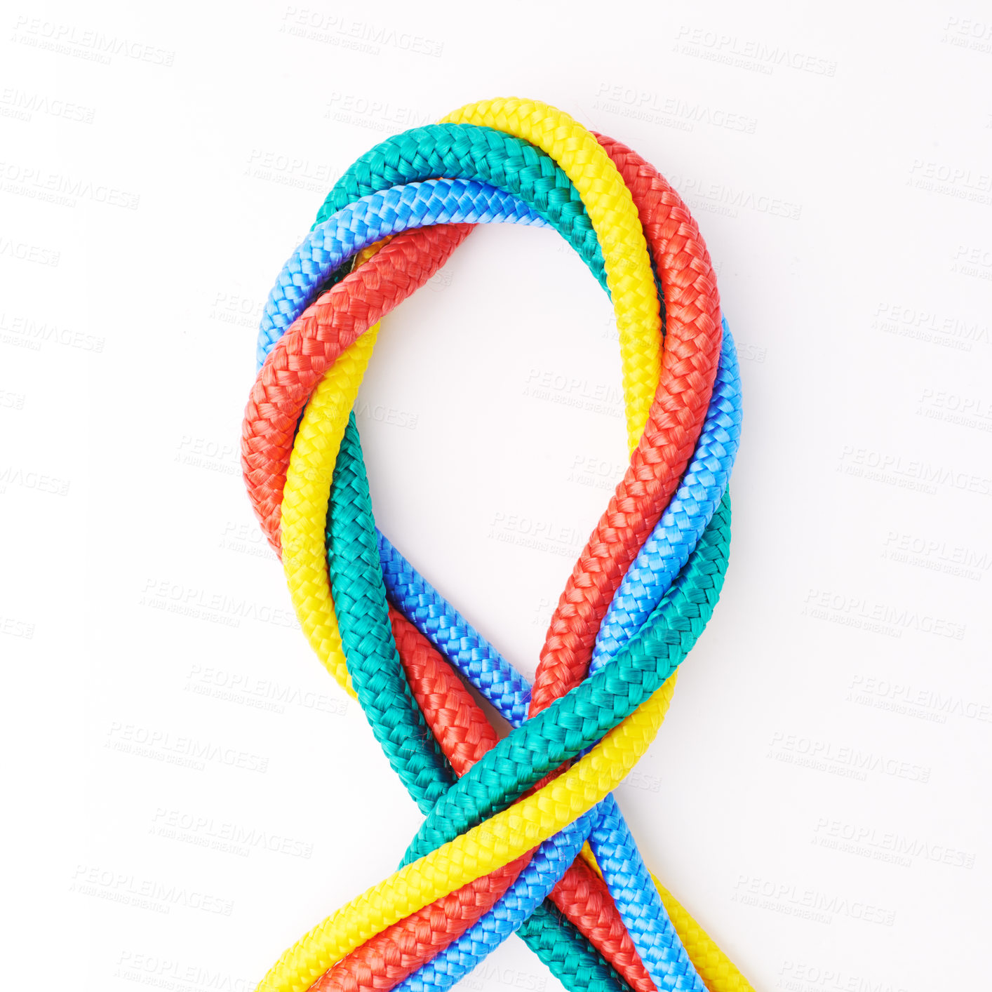 Buy stock photo Colorful, ropes and tied for together in studio to represent unity, connect and trust. Secure, string and reef knotted for security to stop movement of objects safety on isolated white background

