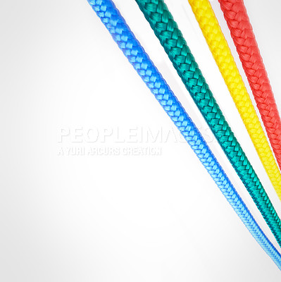 Buy stock photo Textile, rope and string with color on background, mock up or space with nylon cable for creativity. Creative, ties and cord material to thread in pattern or start connection in craft or art project