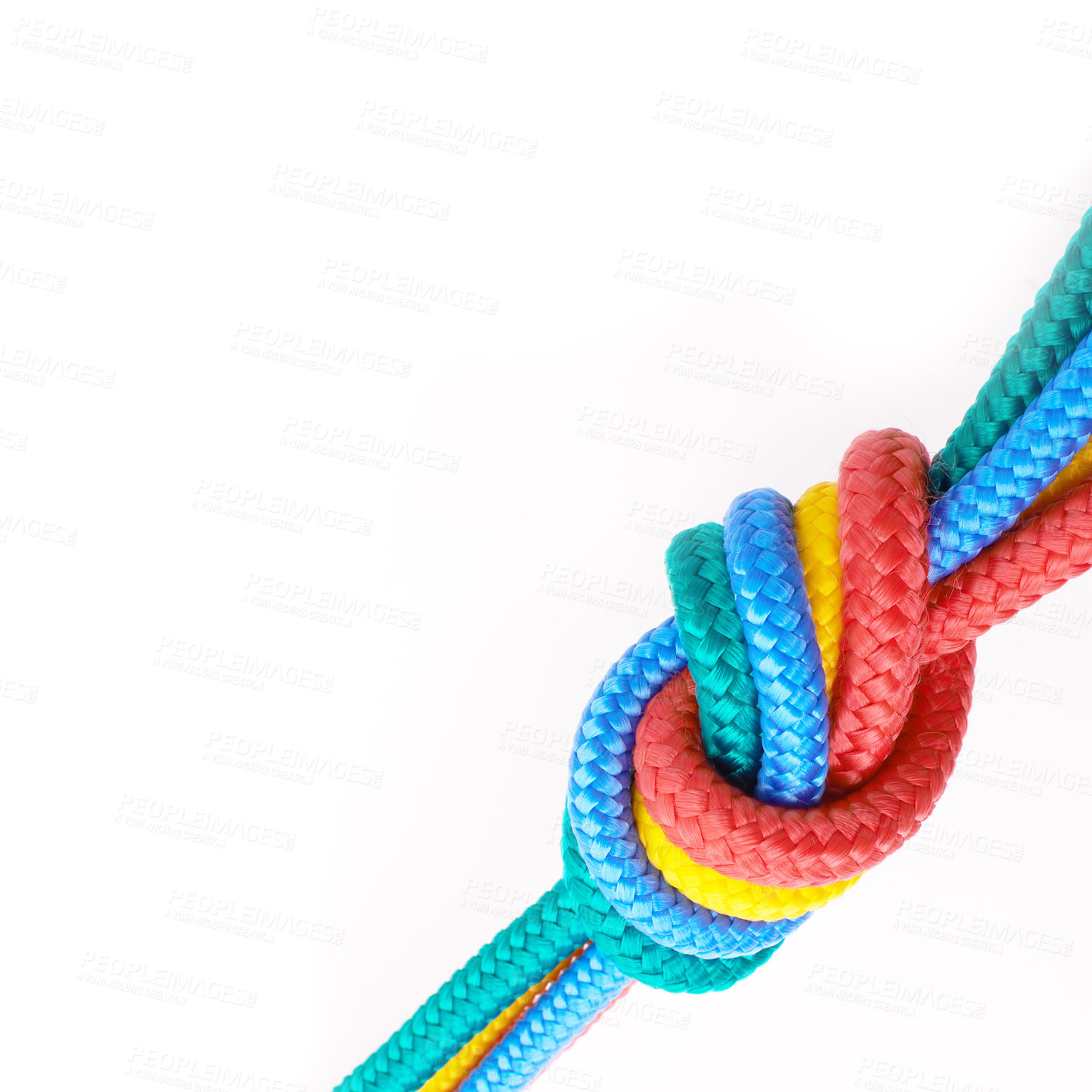 Buy stock photo Colourful, rope and knot  together in studio for tying with pride, unity and trust. Secure, rainbow and string for unique, security and stop movement of survival objects on isolated white background