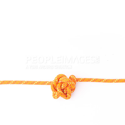 Buy stock photo Rope, abstract and loop together in white studio background for teamwork, communication or planning. Cables, connection and knot for tight knit community, business support and creative solidarity