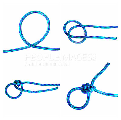 Buy stock photo Noose, knot and how to tie with rope in tutorial, guide or instruction steps to connect string for security. Slipknot, pattern and template info to loop textile thread in chain with strong link