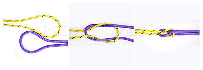 Buy stock photo Sailor, knot and how to tie with rope in tutorial, guide or info steps to connect string for security. Creative, pattern and template instructions to loop textile thread in chain with strong link 