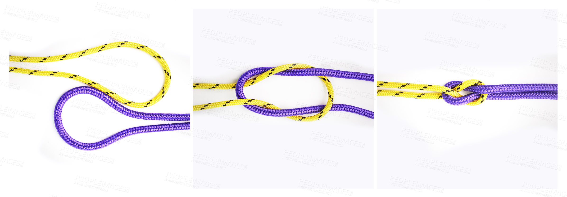 Buy stock photo Sailor, knot and how to tie with rope in tutorial, guide or info steps to connect string for security. Creative, pattern and template instructions to loop textile thread in chain with strong link 