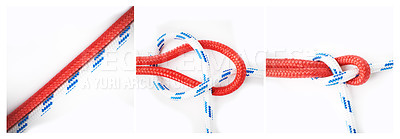 Buy stock photo Knot, learn or how to tie ropes and material on white background in studio for security. Instruction frames, cords or color design for technique steps, gear tools or safety for survival guide lesson