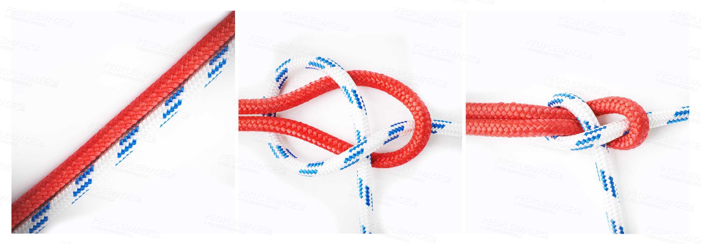 Buy stock photo Knot, learn or how to tie ropes and material on white background in studio for security. Instruction frames, cords or color design for technique steps, gear tools or safety for survival guide lesson