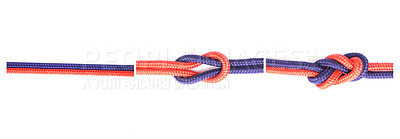 Buy stock photo Knot, cable or how to tie ropes on white background in studio for security or instruction steps. Material, safety and color design for cords technique, tools or learning for survival guide lesson