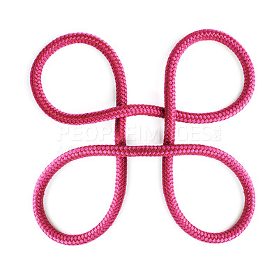 Buy stock photo Square shape, ties or loop of ropes and material on white background in studio for security. Pink, cords and abstract sign of embroidery design with cable together for bowen knot, gear tool or safety