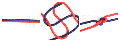 Buy stock photo Steps, cable or how to tie ropes on white background in studio for security or safety instruction. Material, knot and color design for banner technique, tools or learning for survival guide lesson