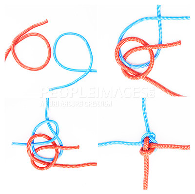 Buy stock photo Guide, cable or how to tie ropes on white background in studio for security or safety instruction. Material, knot and color design for cords technique, tools or learning for survival steps lesson