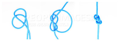 Buy stock photo Guide, steps or how to tie ropes on white background in studio for security or safety instruction. Material, knot and color design for cords technique, tools or learning for survival cable lesson