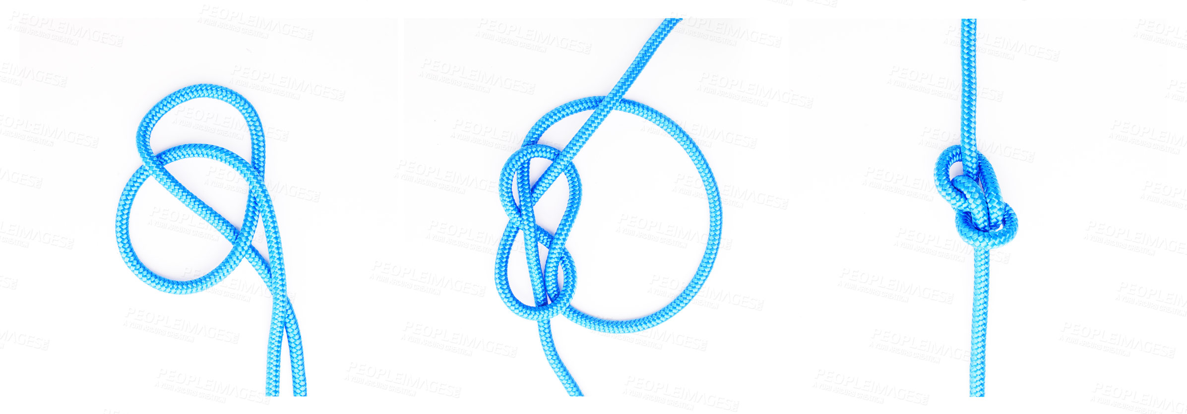 Buy stock photo Guide, steps or how to tie ropes on white background in studio for security or safety instruction. Material, knot and color design for cords technique, tools or learning for survival cable lesson