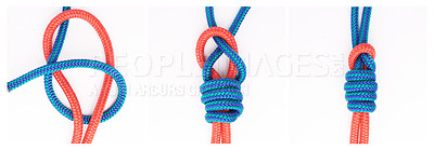 Buy stock photo Guide, steps or how to tie knot on white background in studio for security or safety instruction. Material, ropes and color design for cords technique, tools or learning for survival cable lesson