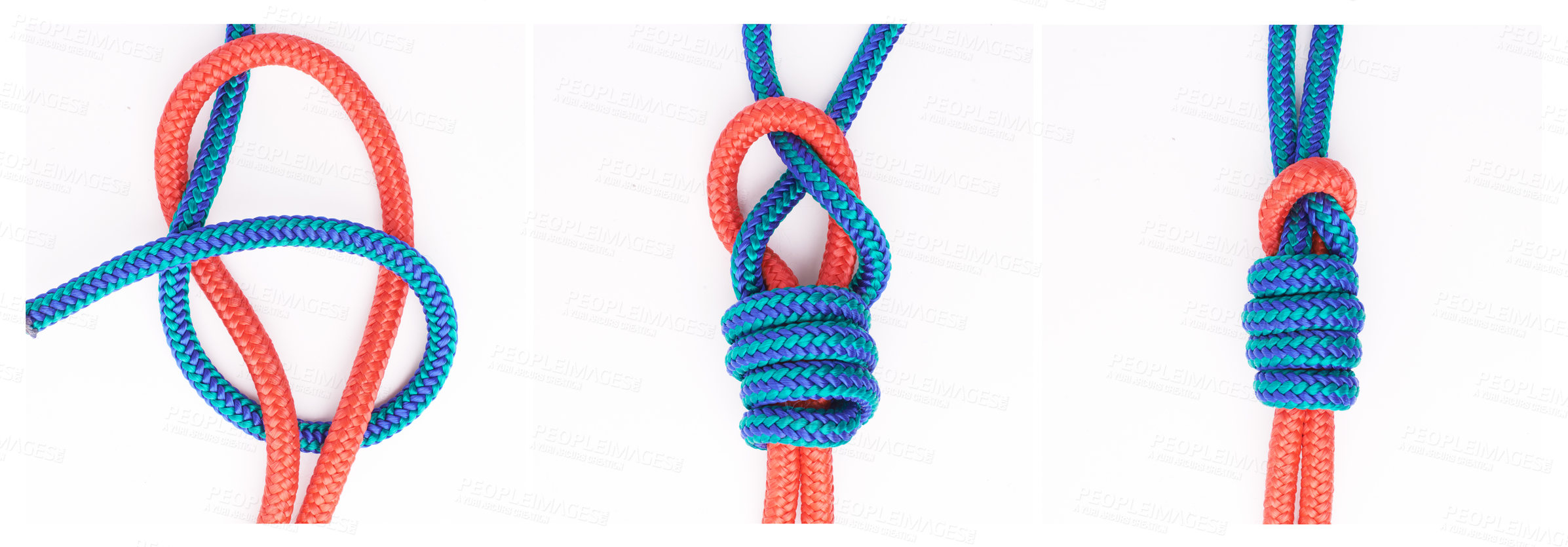 Buy stock photo Guide, steps or how to tie knot on white background in studio for security or safety instruction. Material, ropes and color design for cords technique, tools or learning for survival cable lesson