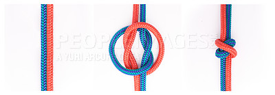 Buy stock photo Two ropes knotted together isolated on studio background, A step by step guide on how to tie a knot with two color red and blue ropes. A true lovers knot as a symbol of love and friendship