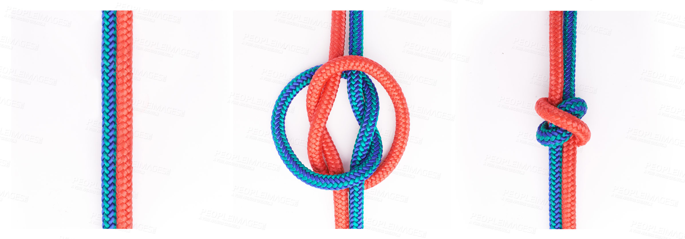 Buy stock photo Two ropes knotted together isolated on studio background, A step by step guide on how to tie a knot with two color red and blue ropes. A true lovers knot as a symbol of love and friendship