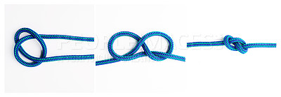 Buy stock photo knot, instruction or steps to tie ropes and material on white background in studio for security. Frames, cords or blue design for learning technique, gear tools or safety for survival guide lesson
