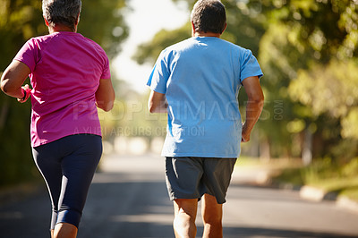 Buy stock photo Runner, park and back of senior couple for exercise, training and cardio workout together. Retirement, marriage and mature man with woman for fitness and outdoors for wellness, health and mobility