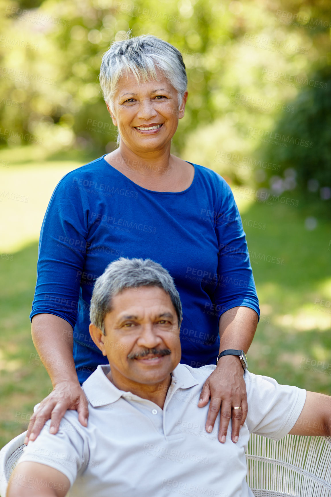 Buy stock photo Bonding, smile and relax with portrait of old couple in nature for romance, love or support. Peace, happy and trust with senior man and woman at home in garden for retirement, loyalty and commitment