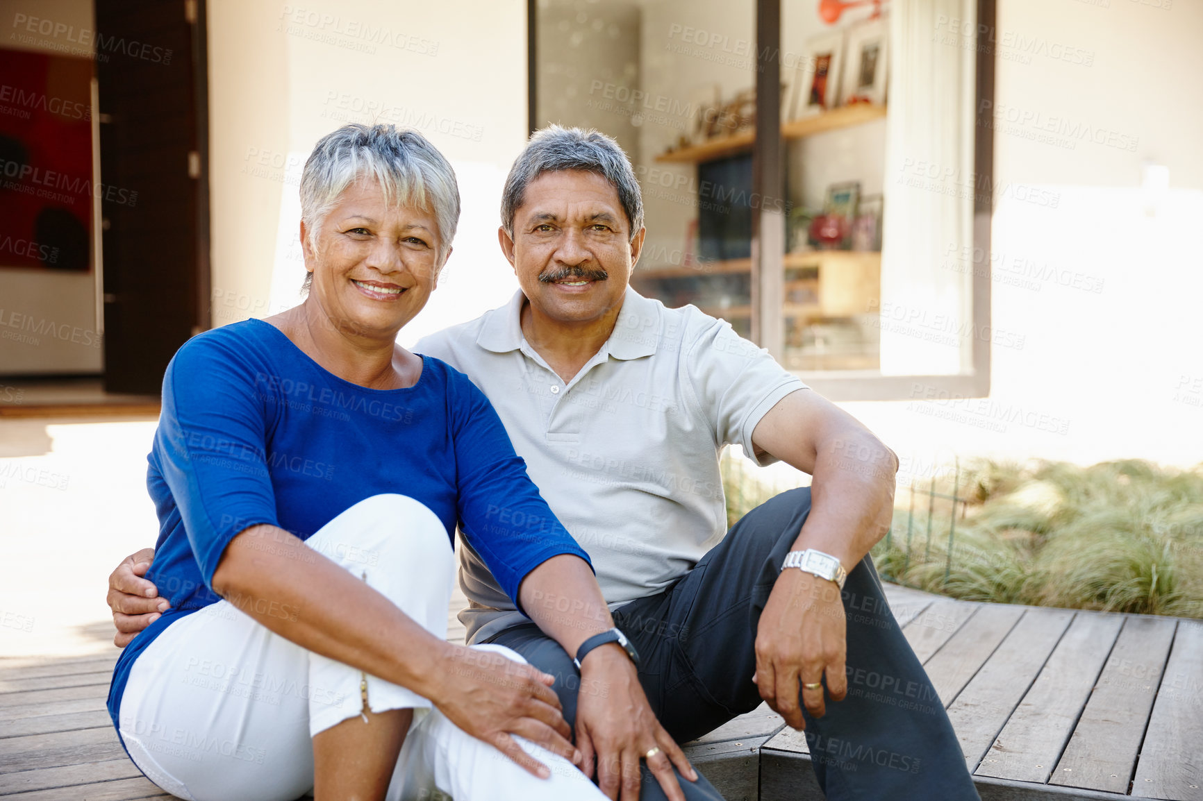 Buy stock photo Smile, relax and portrait of old couple on porch for romance, love or support. Peace, happy and trust with senior man and woman at home in garden for retirement, loyalty and commitment together