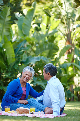 Buy stock photo Shot of a loving senior couple enjoying a picnic together outdoors