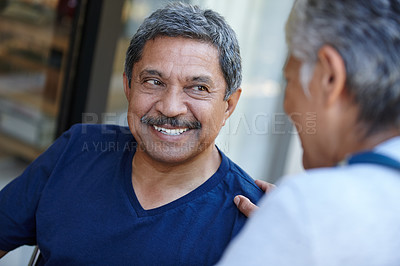 Buy stock photo Senior, smile and couple talking, bonding or having fun while enjoying quality time together. Happy, love and man and woman in retirement, elderly and relax or speaking and conversation in happiness