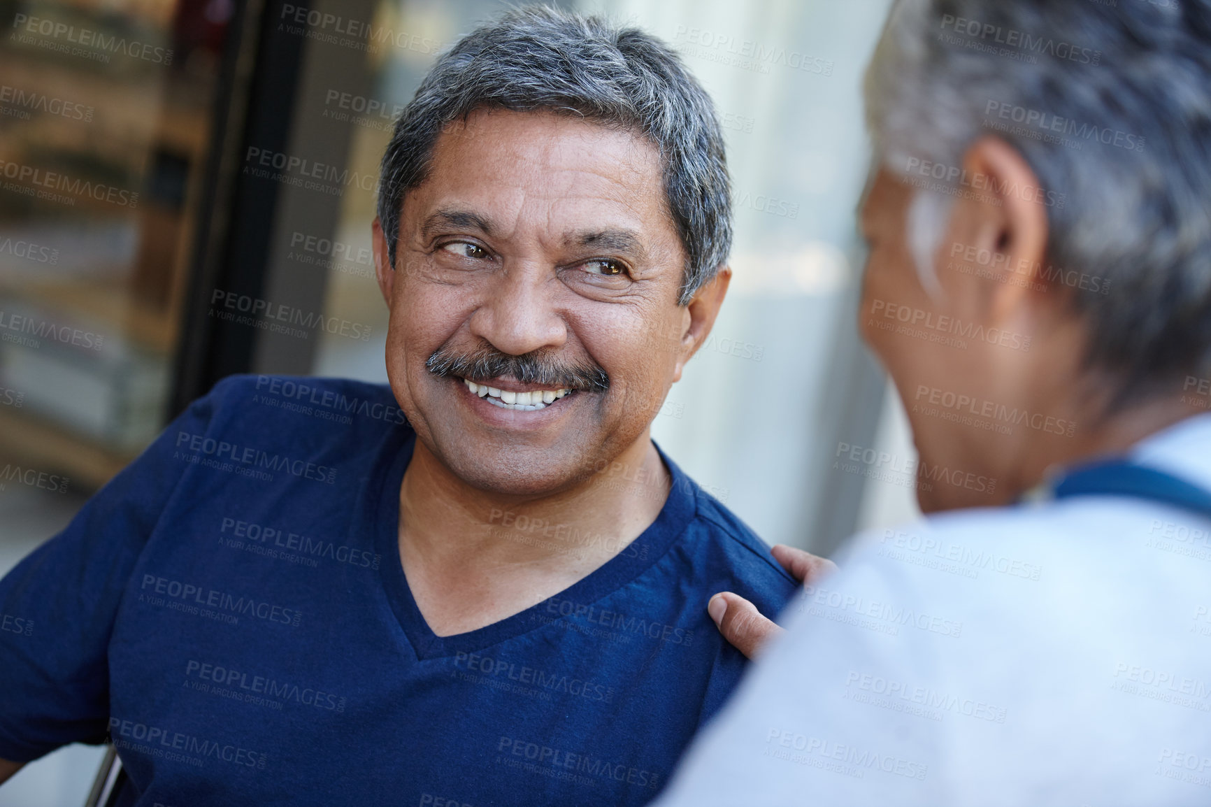 Buy stock photo Senior, smile and couple talking, bonding or having fun while enjoying quality time together. Happy, love and man and woman in retirement, elderly and relax or speaking and conversation in happiness
