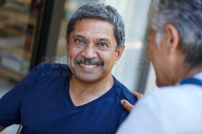 Buy stock photo Senior, smile and portrait of couple bonding, having fun and enjoying quality time together. Face, love and man and woman in retirement, elderly and relax, talking and conversation with happiness.