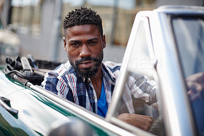 Buy stock photo Portrait of a handsome young man driving in his convertible