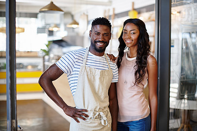 Buy stock photo Portrait of two coffee shop owners