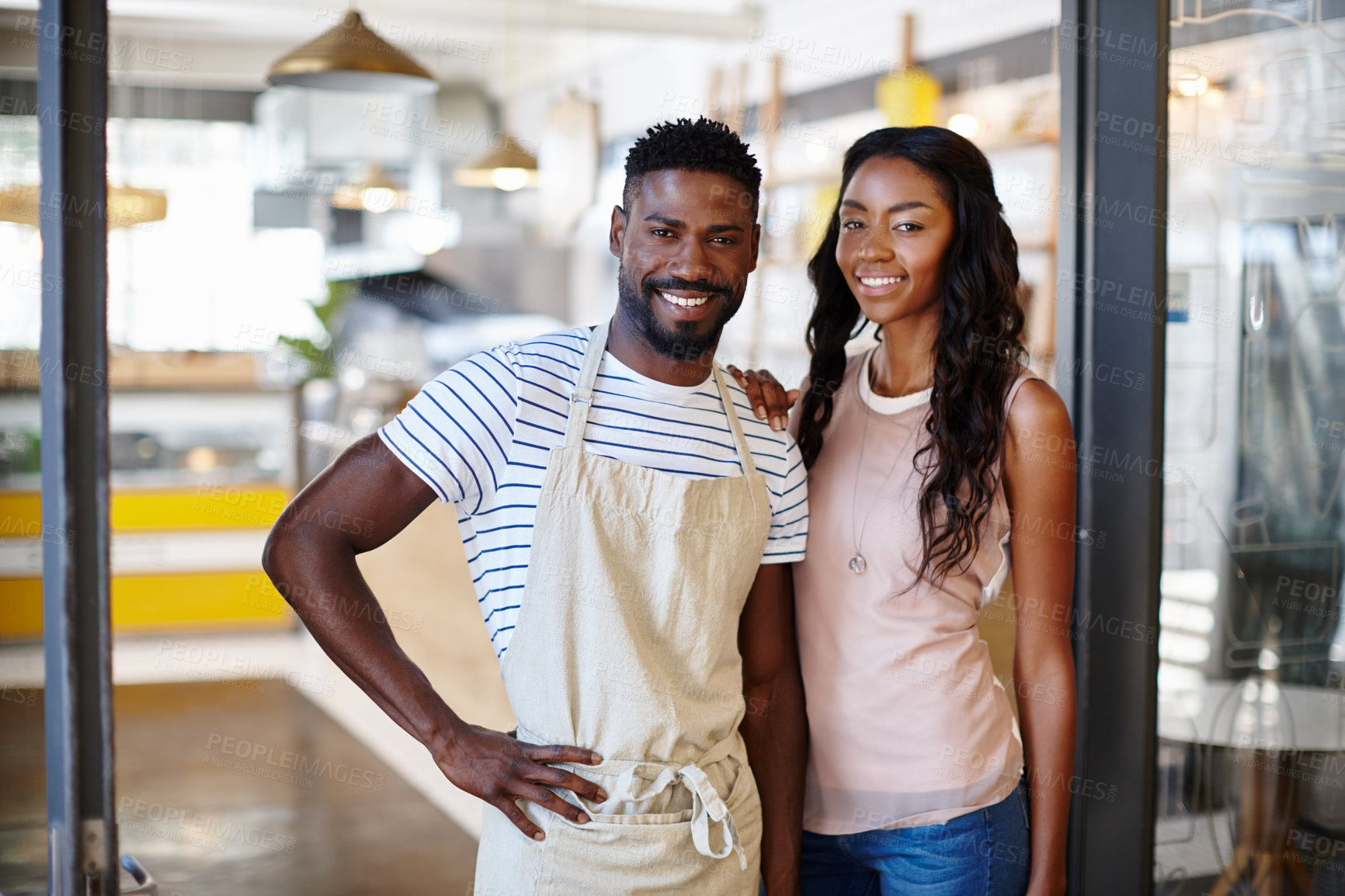 Buy stock photo Portrait of two coffee shop owners