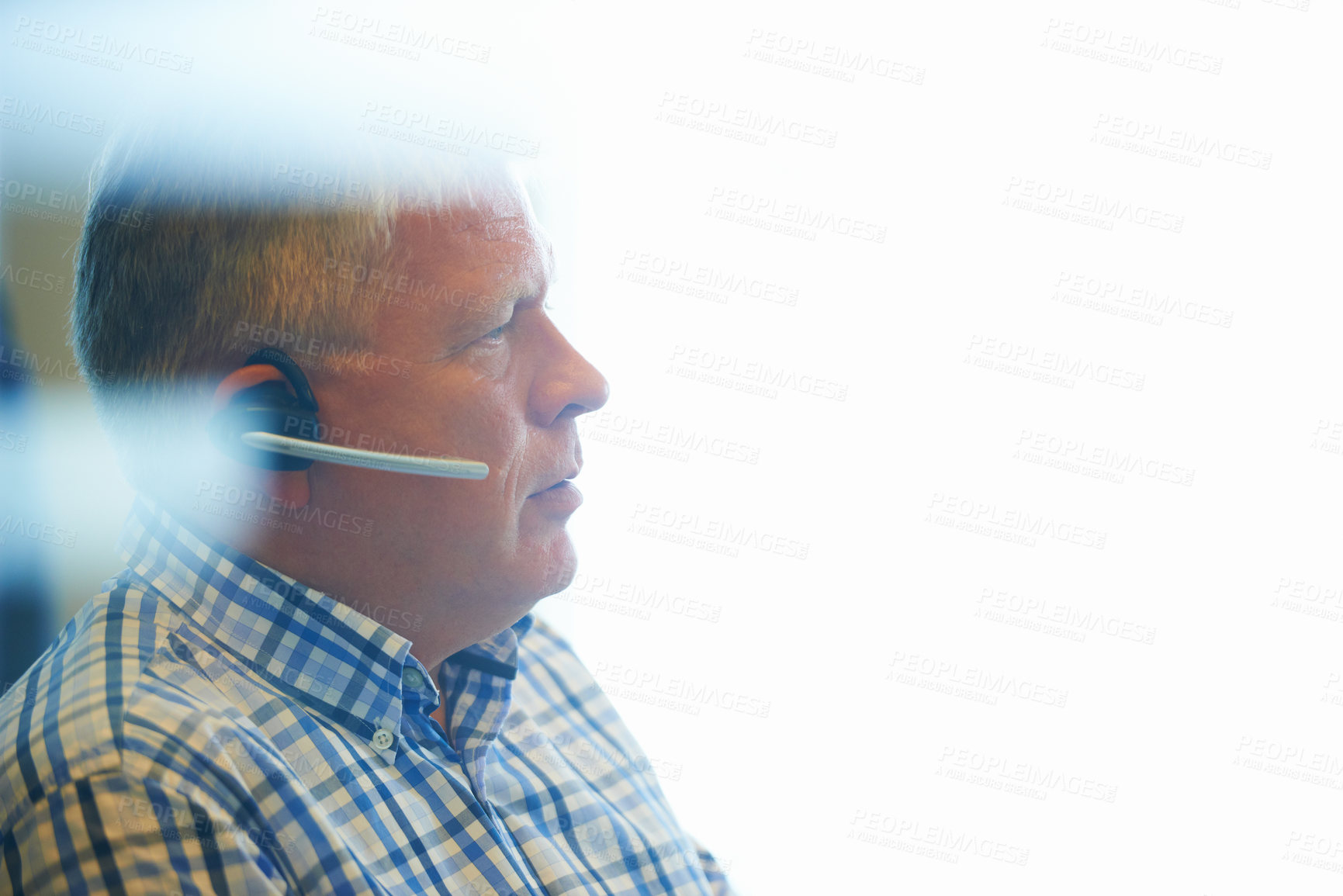 Buy stock photo Businessman, face and headphones at call center for customer service, telemarketing or support at office. Mature man, consultant or agent ready for online advice or help on mockup space at workplace