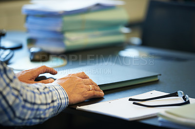 Buy stock photo Paperwork, documents and hands of business man in office for working on project, planning and research. Professional, worker and person reading papers, review and report for career in workplace