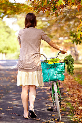 Buy stock photo Bicycle, woman and walk for vegetables in nature, wellness  and organic health in green central park for fitness. Back, person and eco friendly countryside with bike, sustainable and nutrition
