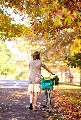Buy stock photo Bicycle, woman and cycling in park for wellness, nature or health on holiday vacation in autumn. Amsterdam, back or female person walking to relax with groceries, vegetables or food on street road