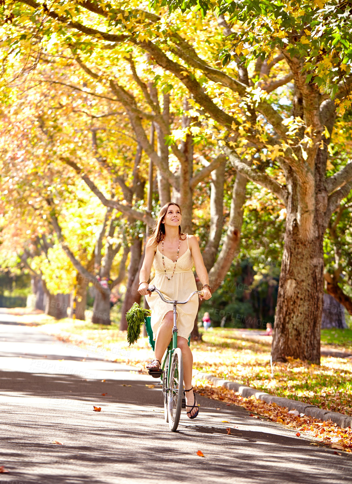 Buy stock photo Bicycle, woman and happy for fitness in nature, vacation  exercise and eco friendly central park with wellness. New york city, person and trendy fashion for summer, sustainability and urban travel