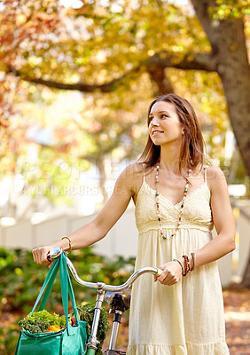 Buy stock photo Woman, relax and walk with bicycle for fitness, nature vacation and exercise in eco friendly central park. New york city, person and trendy fashion for wellness, sustainability or urban summer travel