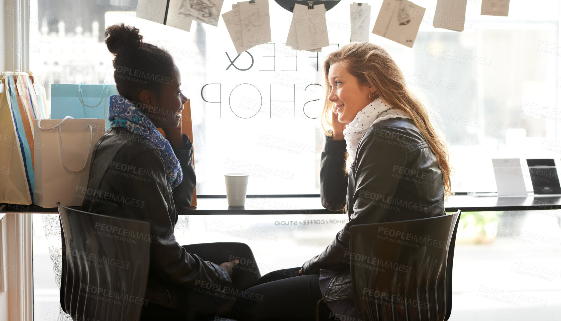 Buy stock photo Coffee shop, women or friends in cafe in conversation, gossip or fun communication together. Bonding, diversity or happy girls talking, speaking or drinking tea or espresso chatting in discussion 
