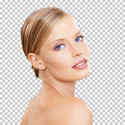 Buy stock photo Portrait, beauty or makeup and woman with blue eyes isolated on transparent background for cosmetics.  Face, skincare and natural dermatology with confident young model on PNG for spa wellness