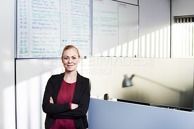 Buy stock photo Portrait, woman and corporate in workplace with pride for business career, sunshine and whiteboard. Female manager, smile and notes for meeting in office with sunlight, confidence and entrepreneur