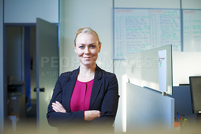Buy stock photo Happy, business and portrait of woman in office with planner, confident consultant or HR manager. Human resources, about us and agent, businesswoman or professional with arms crossed in workplace
