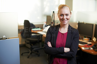 Buy stock photo Confident, business and portrait of woman in workplace with planner, HR consultant or project manager. Human resources, about us and agent, businesswoman or professional with arms crossed in office