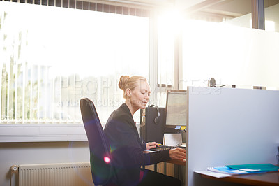 Buy stock photo Business woman, working and planning at office desk for public relations with copywriting ideas on computer. Worker, editor or writer with desktop and paperwork for project and research in lens flare