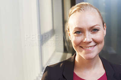 Buy stock photo Smile, business and face of woman at office window with opportunity, HR consultant or confident project manager. Human resources, support and professional businesswoman in happy portrait at workplace