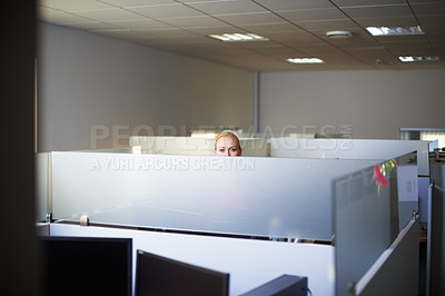 Buy stock photo Portrait of an attractive young woman standing in her office cubicle