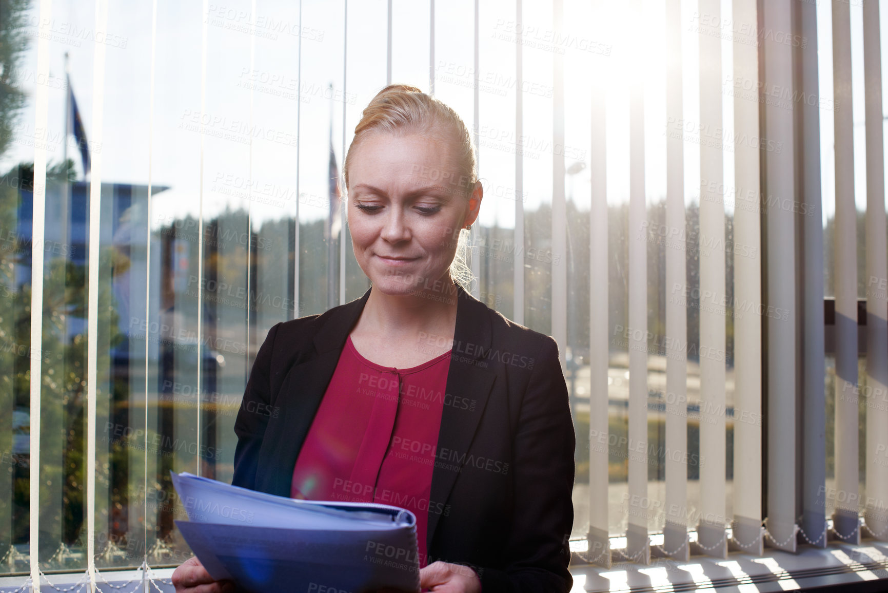 Buy stock photo Cropped shot of an attractive businesswoman reading documents in the office